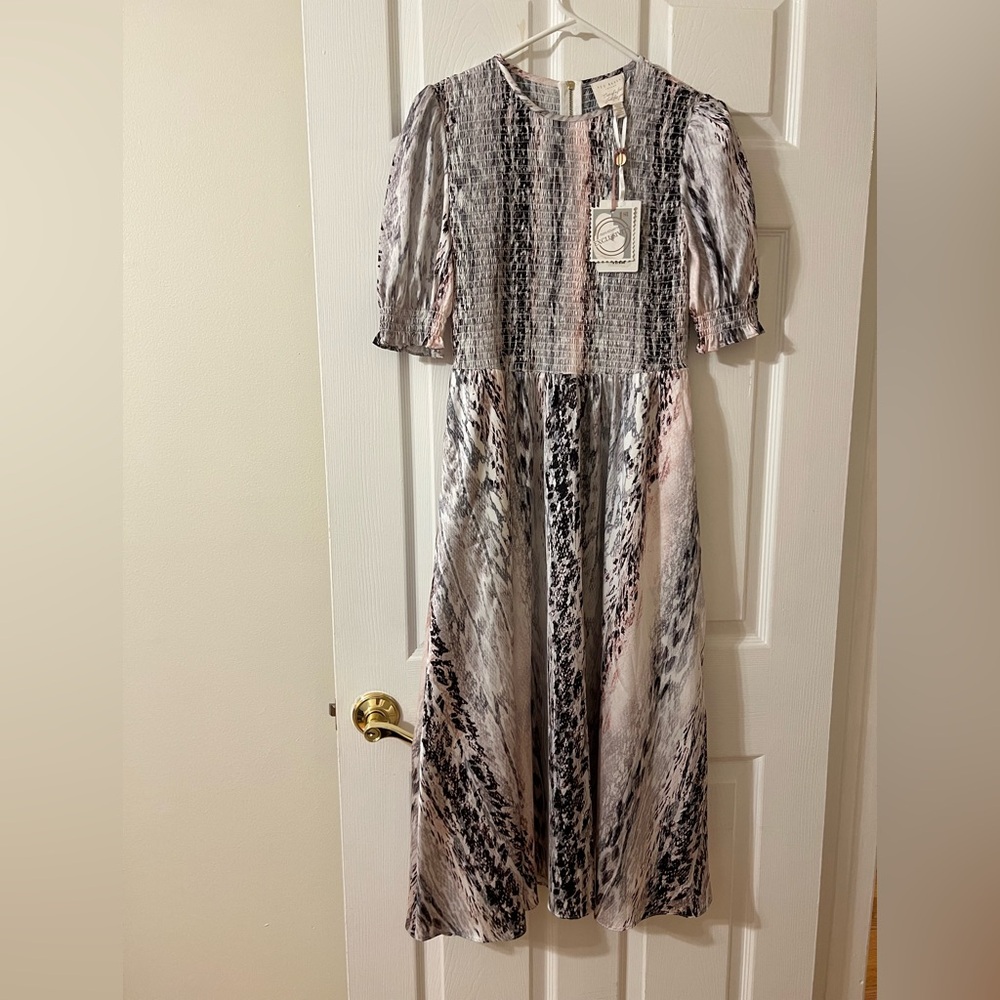 Ted Baker Snake Smock Bodice Midi Dress Black and Pink and Gray